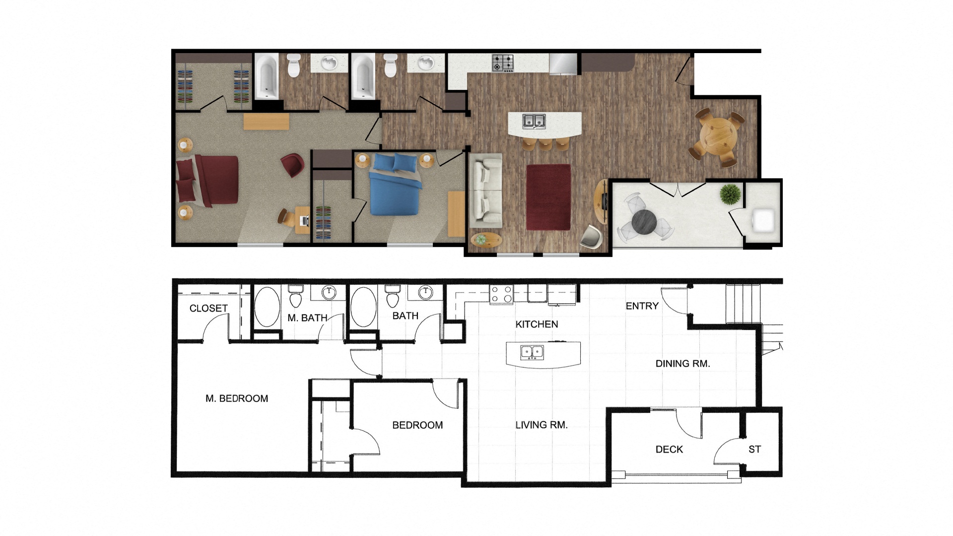 Floor plan for 2 beds, 2 baths, 1369 sqft
